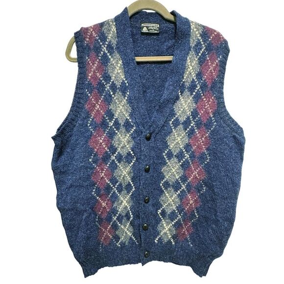 VTG Button Up Grandpa Core Shetland Wool Ireland Argyle Sweater Vest Men Large - Picture 1 of 10